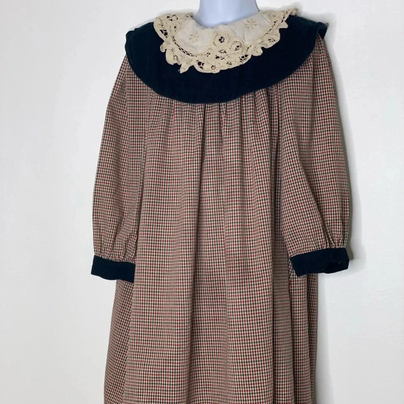 Vtg Lavender Blue girls green red cream herringbone dress corduroy lace collar 6 - Picture 1 of 5